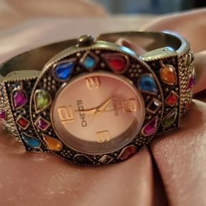 Antique brass tone jeweled watch
